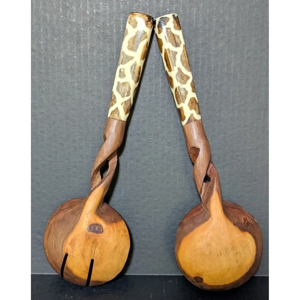 Hand-Carved African Olive Wood Salad Serving Set Giraffe Print Handles